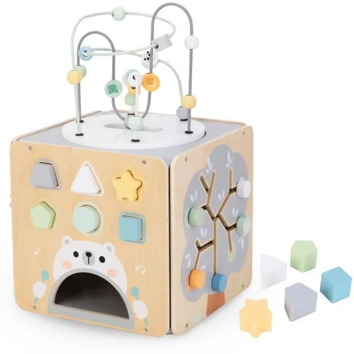 Cube D'activités pour bébé Mamabrum - Jouet en Bois Montessori- Boucle Motorisée, Trieur de Formes, Labyrinthe - Rotatif- Éducatif-0