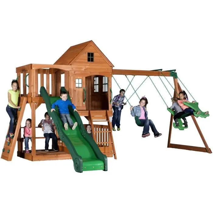 Aire de jeux en bois Backyard Discovery Hill Crest avec balançoire, toboggan, bac de sable et mur d'escalade-2