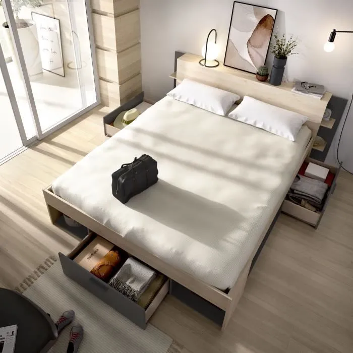 SAX Lit adulte - 160x200 cm - 3 tiroirs + Tête de lit avec rangement - Décor chêne et anthracite-5