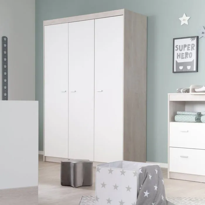 Armoire Bébé 3 Portes Battantes Julia - ROBA - Blanc / Chêne Sonoma - Penderie et 6 Étagères-2