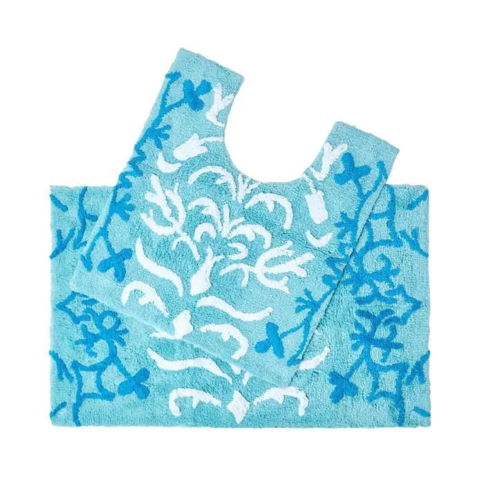 Tapis de bain & contour WC Coton damassé Bleu-0