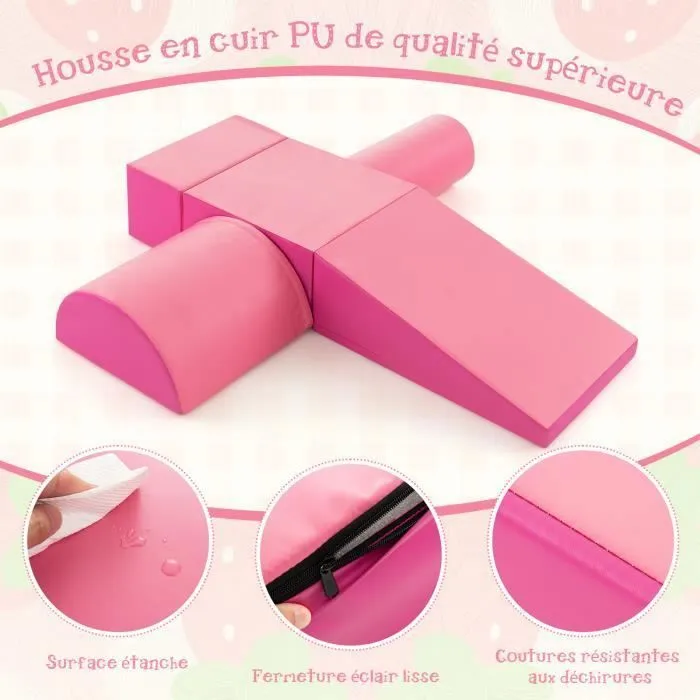 COSTWAY 5PCS Blocs de Construction en Mousse-Housse en PU-Modules de Motricité Enfants-Jouets Éducatifs-9 Mois-Ramper-Rose Rouge-2