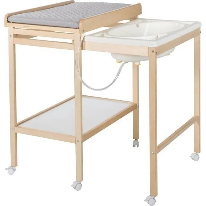 ROBA Table à Langer avec Baignoire Coulissante Baby Pool et Matelas à Langer Imperméable Gris - Bois Naturel / Blanc-0