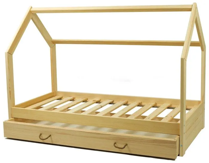 Lit Maison en bois naturel style scandinave avec Tiroir de Rangement (160x80cm) : Confort et Fonctionnalité Réunis - Bois-1