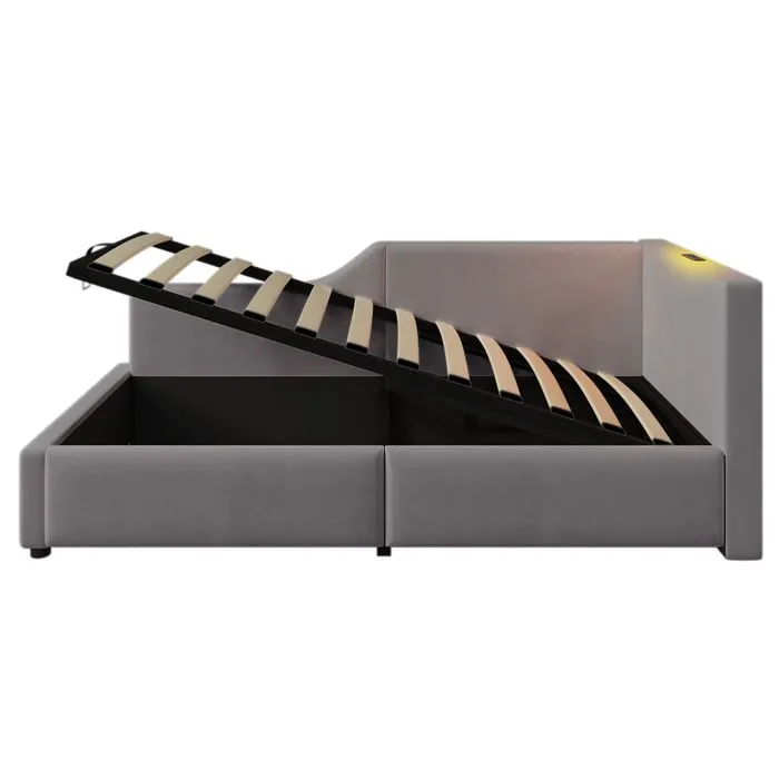 Lit coffre 90x200cm - Velours - Avec liseuse et ports USB-C - Sommier à lattes - Gris-2