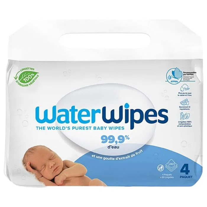 Lingettes pour bébé - WaterWipes - Pack économique 4x60 - 99,9% d'eau - Hypoallergénique - Naturelles-0