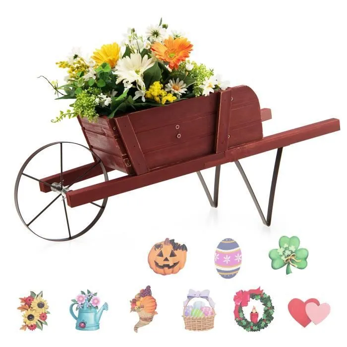 COSTWAY Brouette Décorative en Bois pour Plantes - Accessoires Magnétiques, Longues Poignées - Jardinière de Jardin à Roues - Rouge-0