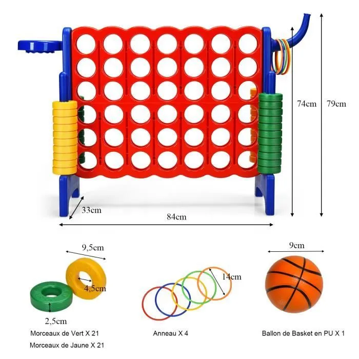 COSTWAY Jeux Puissance 4 Géant Multifonction 3 en 1 avec Cerceau de Basket-ball Jeu d’Anneaux au Côté 42 Anneaux pour Enfants Bleu-3