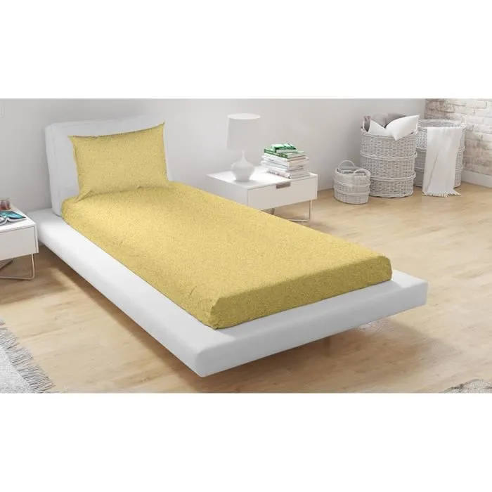 Ensemble drap housse et taie d'oreiller - Jaune - 140x200 - 80% coton - 20% polyester - Lavable en machine-0