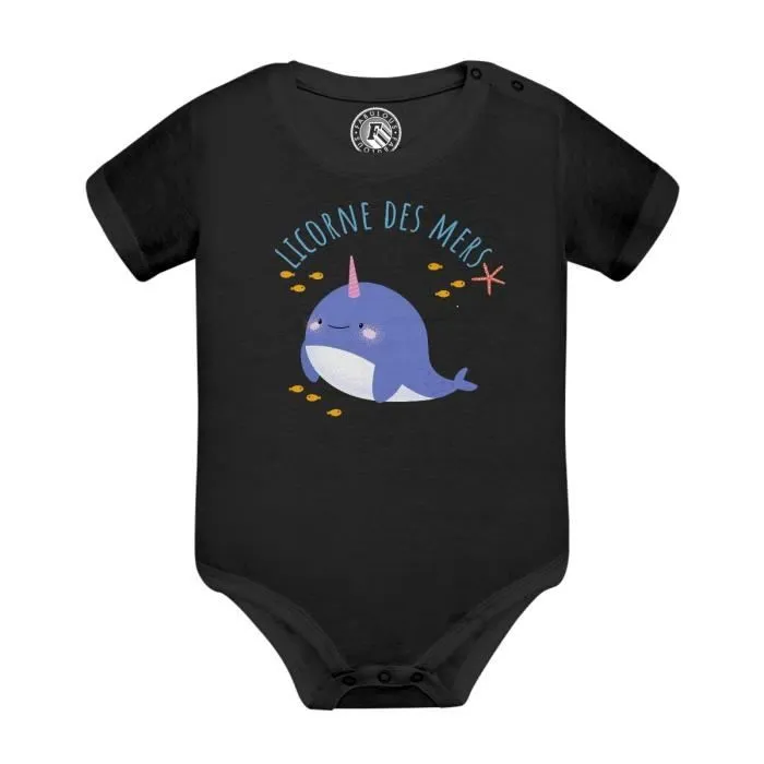 Body Bébé Manche Courte Noir Licorne des Mers Narval Dessin Illustration Mignon-0