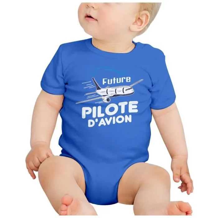 Body Bébé Manche Courte Bleu Future Pilote d'Avion Métier de Rêve Ciel-1