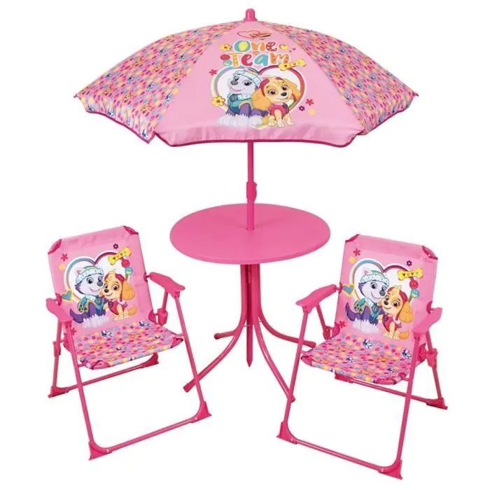 Salon de jardin FUN HOUSE PAT'PATROUILLE - 1 table 46xø46 cm, 2 chaises H.53xl.38,5xP.37,5cm et 1 parasol-1