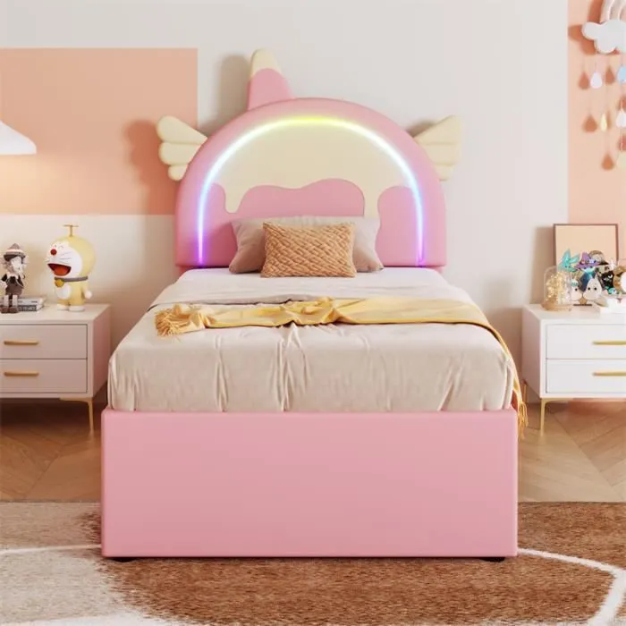 Lit gigogne - Non spécifié - 90x200cm - Tiroirs intégrés - Tête de lit licorne - Rose-2
