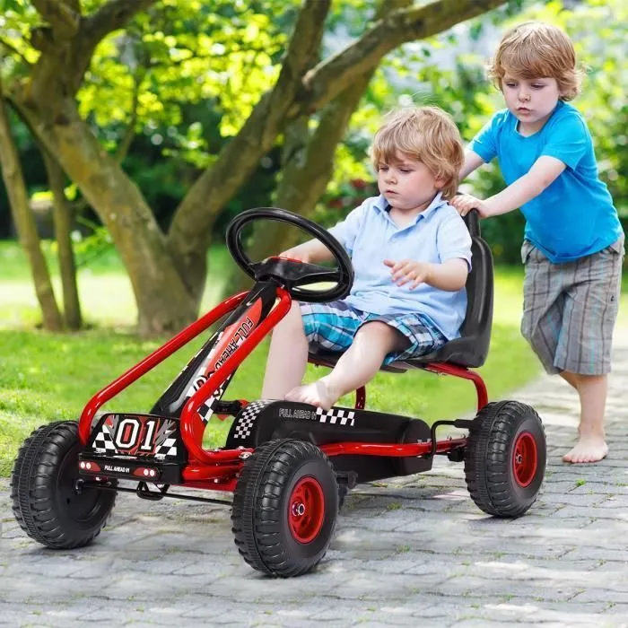 COSTWAY Kart à Pédales Vélo et Véhicule pour Enfants Siège Réglable avec Frein à Main pour l'Extérieur, 3-6 Ans, Rouge-0