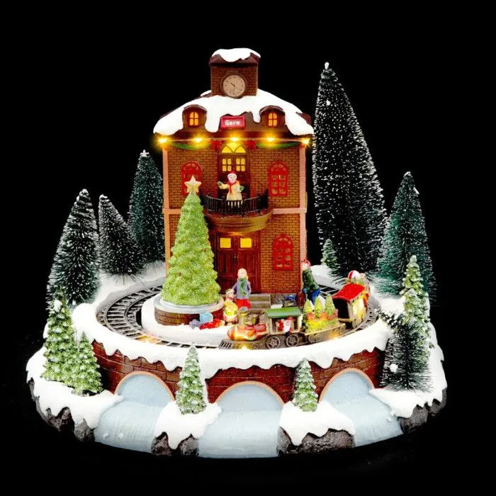 Village de Noël lumineux gare avec train animé-0