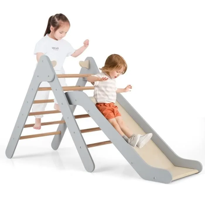 COSTWAY Toboggan Enfant 2 en 1 avec Triangle d'Escalade en Bois Massif, Pente de Toboggan Réglable, pour 1 An +, Charge 60 KG Gris-0