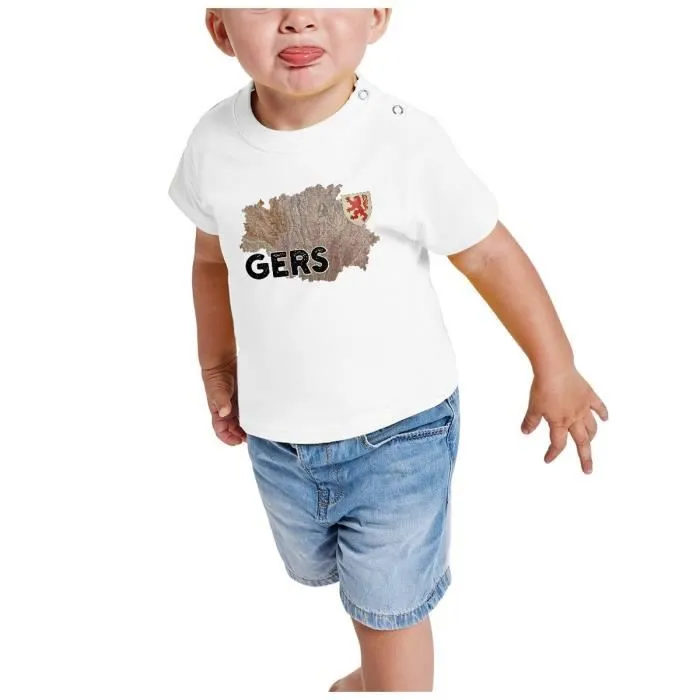 T-shirt Bébé Manche Courte Blanc Gers 32 Département Auch Carte Ancienne Occitanie-1
