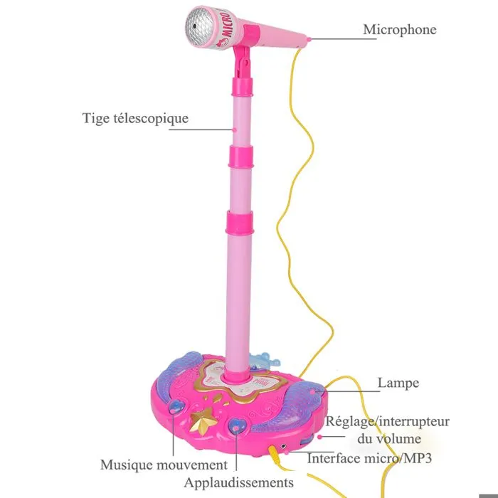 Micro Enfant sur Pied Karaoké Enfants - Avec Lumière Colorée - Micro Enfant pour Chanter Fille Garçon - Rose-1