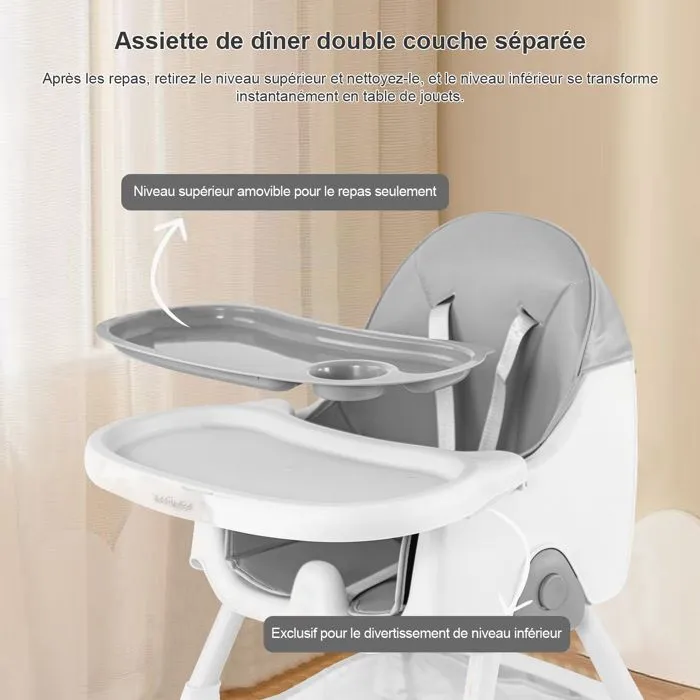 K IKIDO Chaise haute pour bébé  2 en 1 - K IKIDO - Évolutive - Pliable - Ajustable-De 6 mois à 3 ans(15KG) - gris-4