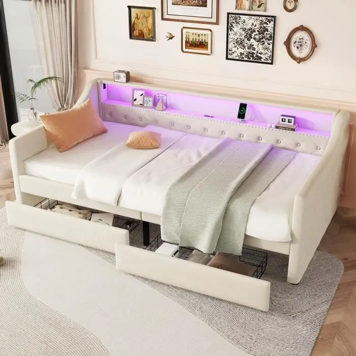 Canapé lit - Lin - Beige - 90x200 cm - LED - USB - 2 tiroirs-0
