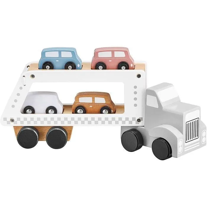 Mamabrum Camion Porte Voitures en Bois Premier âge - Transporteur avec Piste de remorquage – Dépanneuse à 4 Voitures Couleurs Pastel-0
