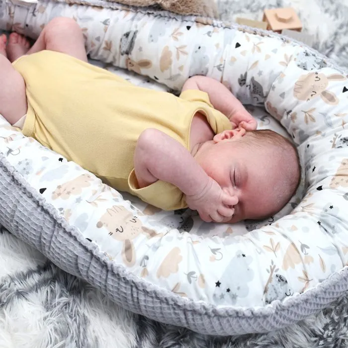 Réducteur Lit Bébé 90 x 50 cm - Cocon fait à la main des deux côtés en coton Piqué Gaufré Gris et Motif Lapin-3