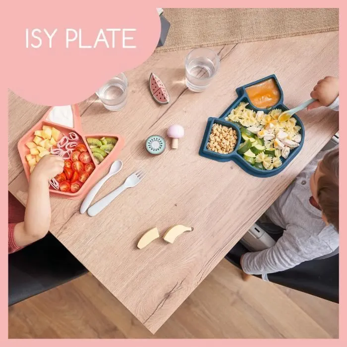 BABYMOOV Assiette compartimentée bébé ISY PLATE, en silicone, souple & solide, antidérapente, passe au lave-vaisselle, chien bleu-1