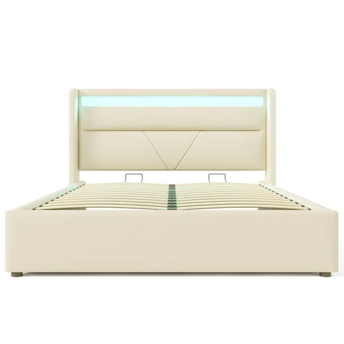 Lit adulte 160x200 cm, lit coffre avec LED, sommier à lattes, tissu en PU, blanc-3