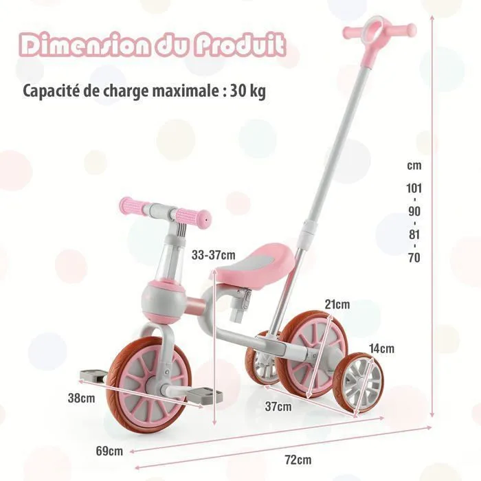 COSTWAY Tricycle Evolutif 5-en-1 avec Putter pour Enfants 2-4 Ans, Pédale et Roue Arrière Amovible, Siège et Poignée Réglables Rose-5