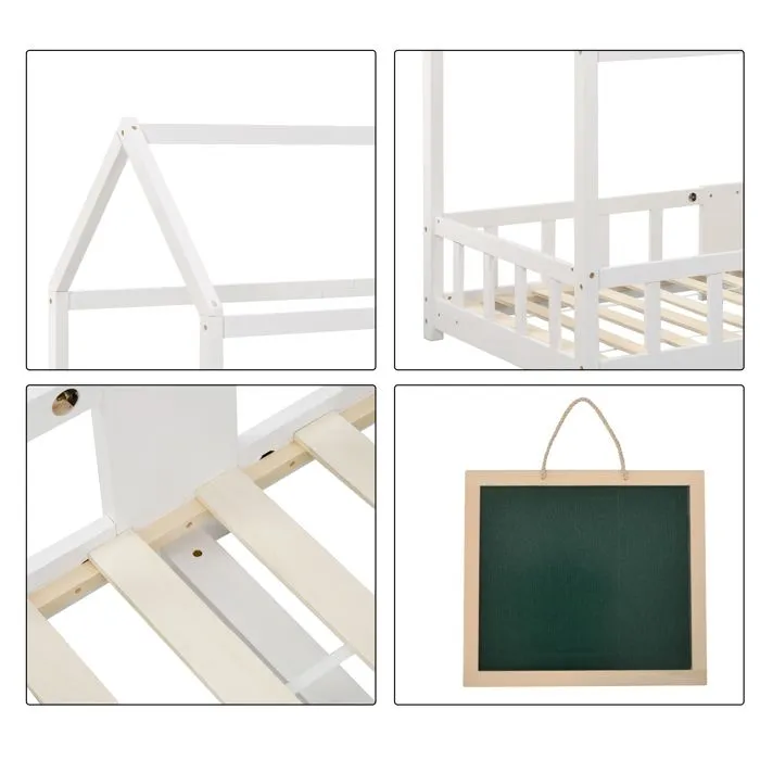 Lit cabane enfant 90x200 cm avec grille de protection + un tableau noir, en bois massif blanc-4
