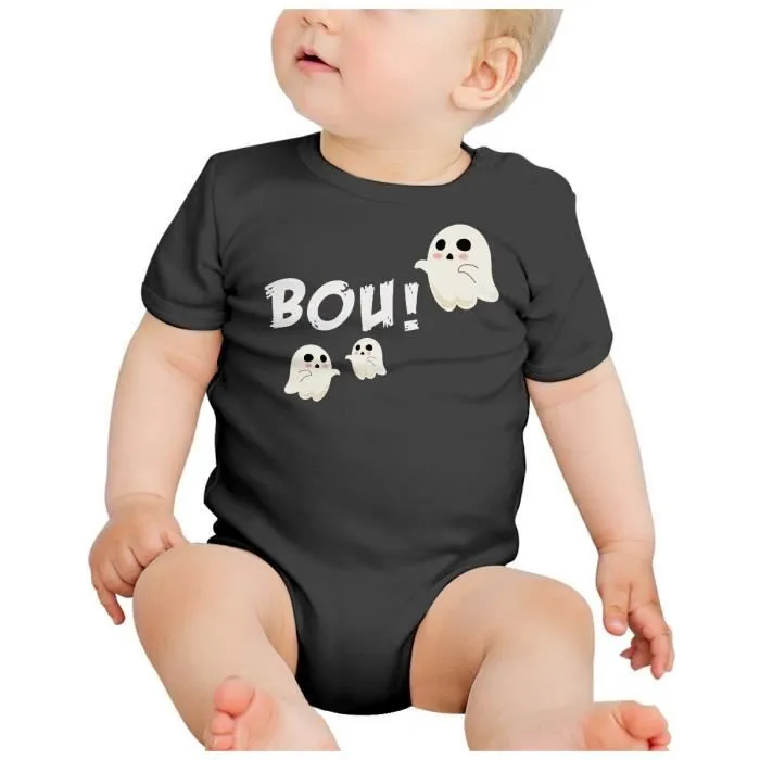 Body Bébé Manche Courte Noir Bou ! Petits Fantomes Halloween Peur Dessin Mignon-1