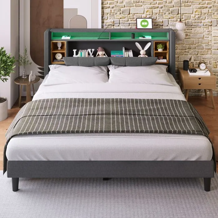 Lit adulte 160x200 cm - Tête de lit avec rangement , LED et ports USB - Sommier inclus - Gris-1