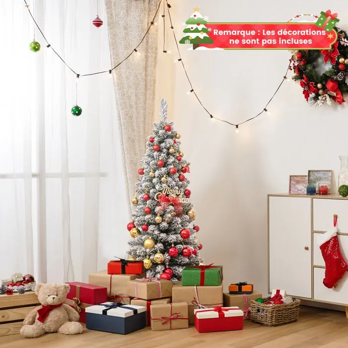 Sapin de Noël Artificiel 120 cm COSTWAY, Floqué de Neige, Support en Métal Pliable, 240 Branches, Forme Fine, pour Petits Espaces-1