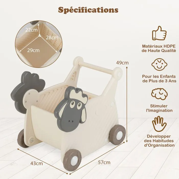 COSTWAY Chariot a pousser bebe, Chariot a pousser pour Bébé 1-3 ans, Beige-2