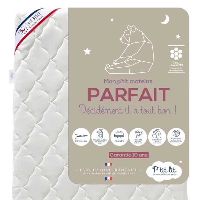 Matelas Enfant/Bébé Parfait - 70x140x10 cm - 2 Faces : Respirant l'Été / Douillet l'Hiver - Déhoussable - Anti Acarien-0