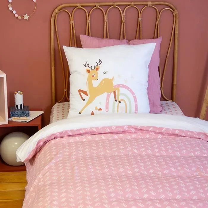 Parure de lit 140x200 cm enfant réversible- Housse de Couette + 1 Taie d'oreiller motif biche et feuillage rose et blanc– microfibre-1