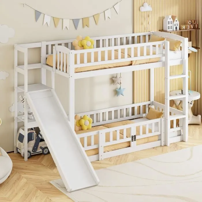 Lit superposé - Enfant - 90x200cm - Bois massif - Toboggan - Échelle avec porte coulissante-0