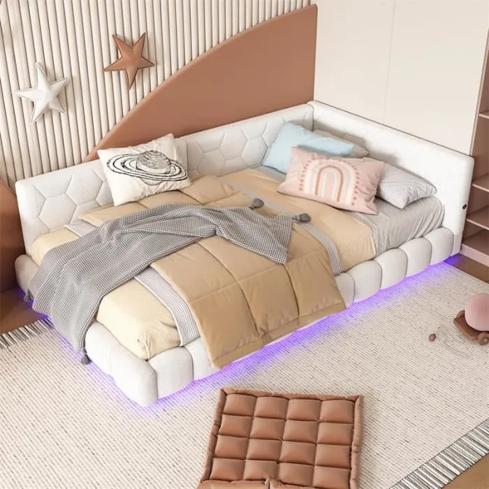 Canapé-lit - DREAMMESPACE - 140x200cm - LED 16 couleurs - Port USB - Tissu peluche - Blanc-0