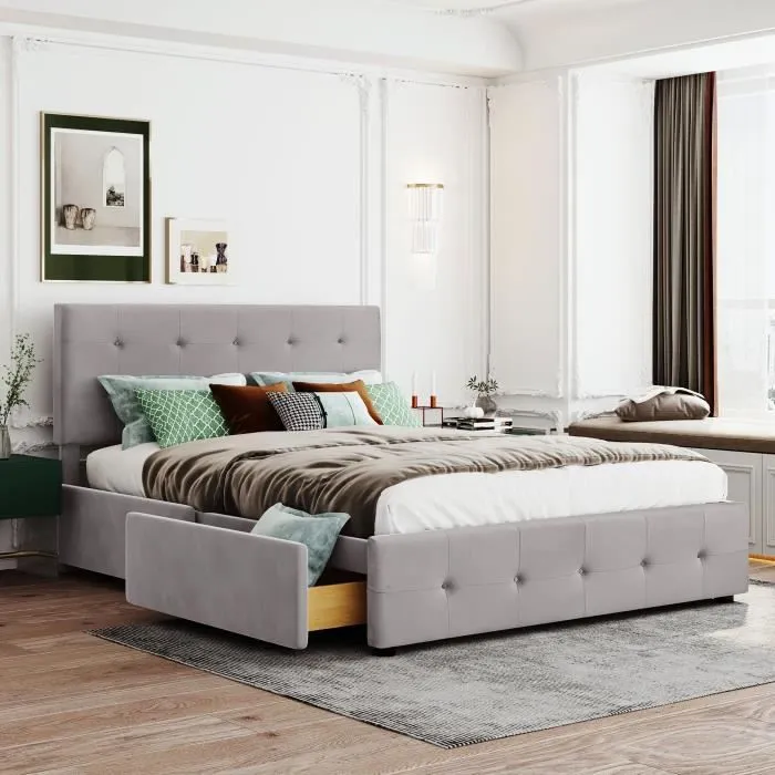 Lit double adulte 140x200cm avec tiroir, sommier à lattes et dossier, tissu velours doux pour la peau, Gris (sans matelas)-0