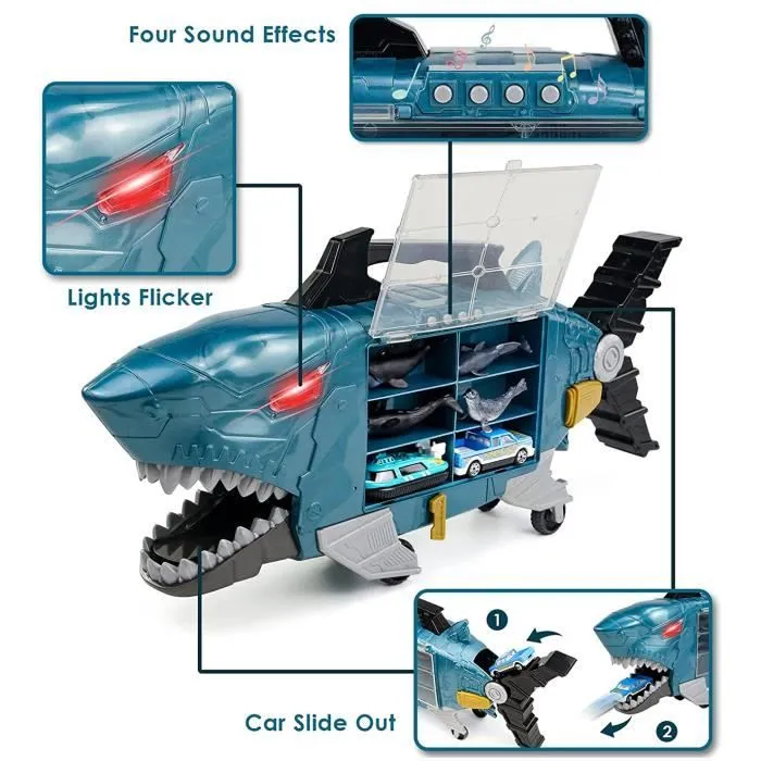 Voiture Enfant Camion Jouet Requin,2 en 1 Camion Transporteur de Voitures avec Mini Voiture,Bateau et Marins Animaux-1