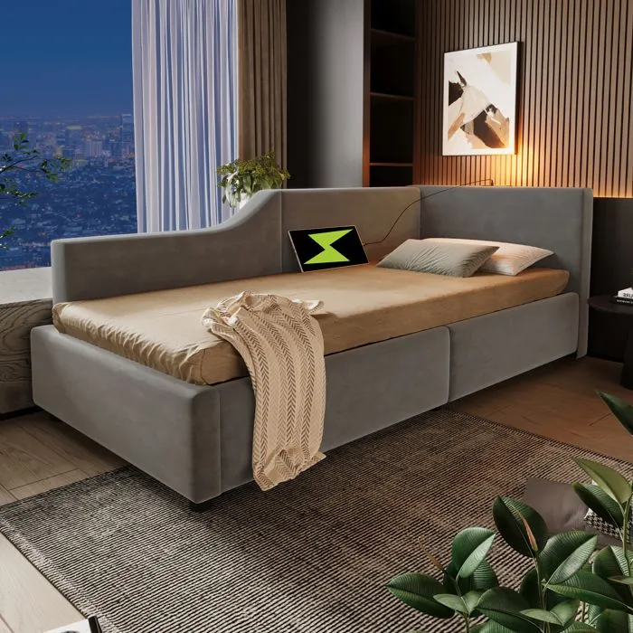 Lit coffre 90x200cm - Velours - Avec liseuse et ports USB-C - Sommier à lattes - Gris-0