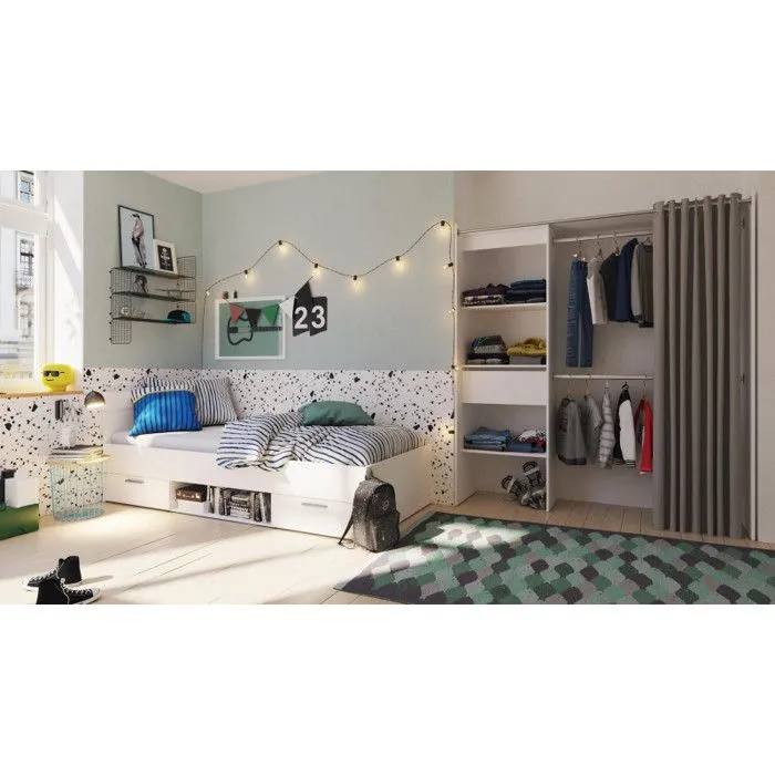 Lit - Michigan - 90x200cm - Blanc perle - 2 tiroirs et 1 niche-4