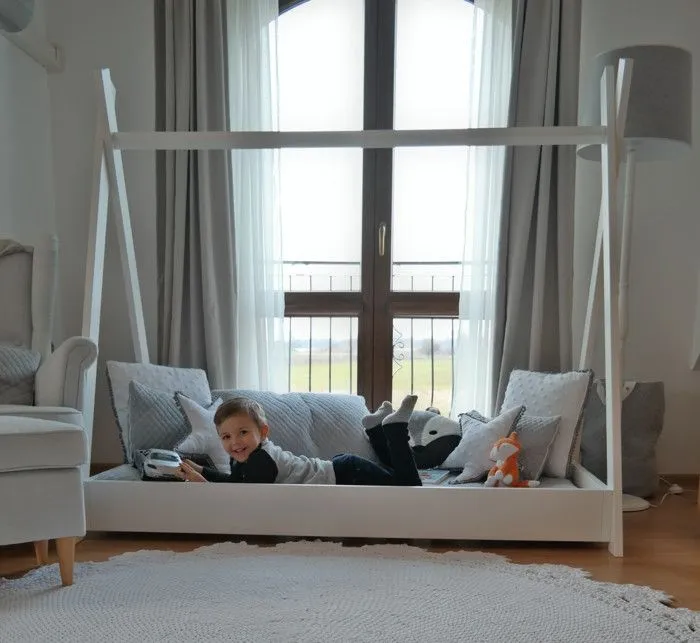Lit pour enfant Maison 2-en-1 avec Tente Cabane en Bois Naturel (160x80 cm) : Aventures Ludiques et Repos Douillet-5