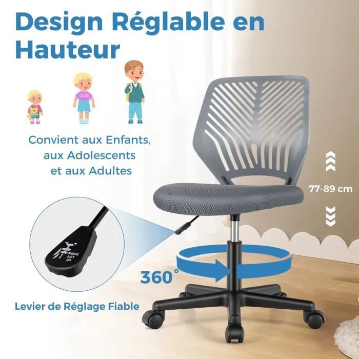 COSTWAY Chaise de Bureau Ergonomique en Maille, Hauteur du Siège Réglable 41-53 cm, pour Enfant, Adolescent, Adulte, Gris-1