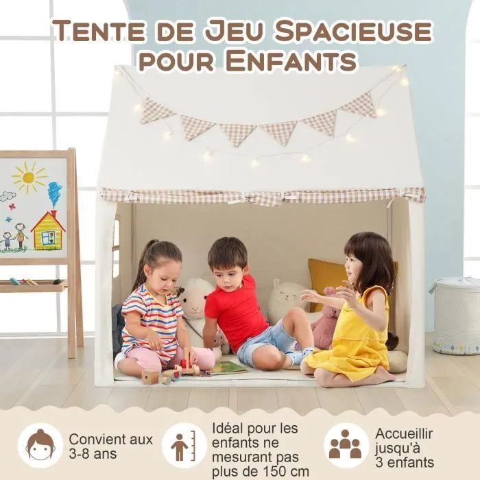 Tente de Jeu Enfants COSTWAY-Tapis Rembourré-Guirlandes Lumineuses Étoiles-Bannière de Fanions-pour 3-8 ans-125 x 100 x 127 cm-Beige-1