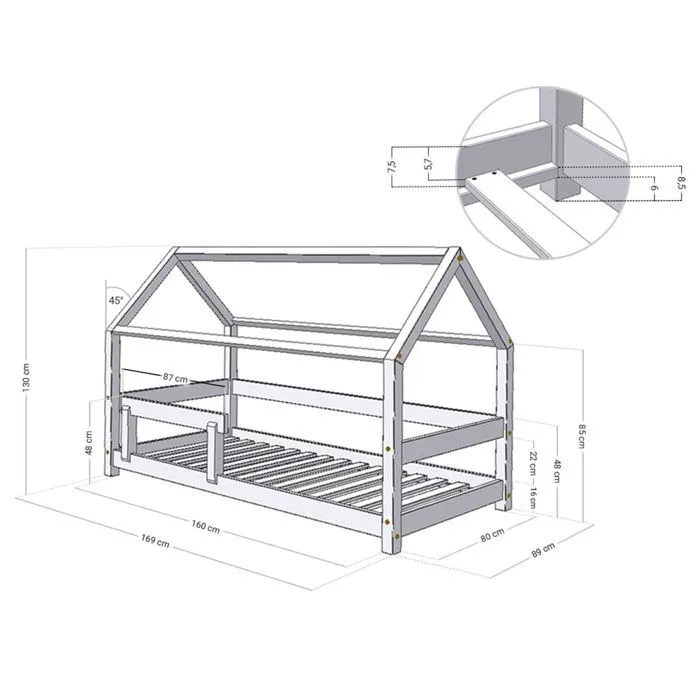 Lit cabane enfant TERY 80 x 160 gris clair-2