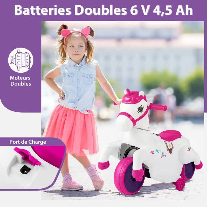COSTWAY 12V Moto Électrique Enfant Licorne avec Musique, Roues d'Entraînement & Mode Équitation, 3 km/h, 30kg, 3 Ans+, Rose-5