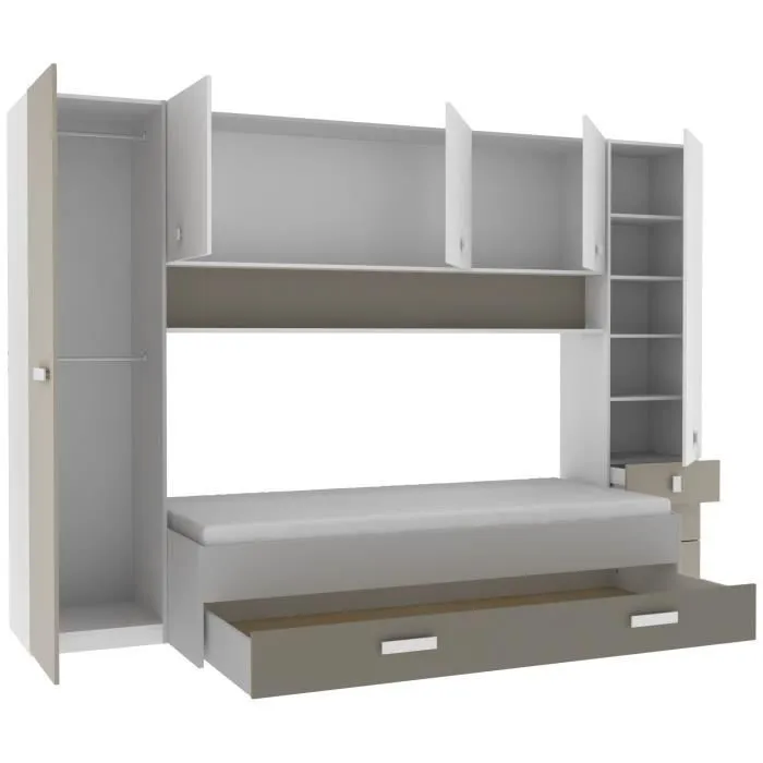 DEMEYERE Lit gigogne enfant avec multiples rangements - Décor blanc/argile - 90 x200 cm - TIDY-2
