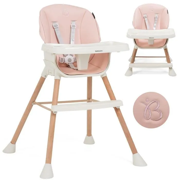 Bebelissimo - Chaise haute bébé 5 en 1 - Evolutive - Réglable - bois de Hêtre - PVC cuir - rose - BZ -511 - new design-0