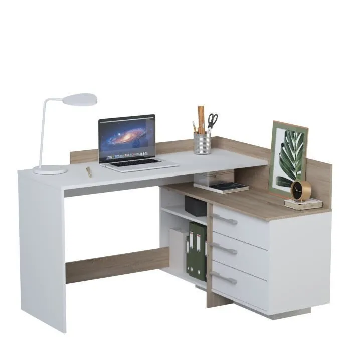 Bureau d'angle 3 tiroirs - Décor chêne et blanc - L 128,5 x P 105,7 x H 83,2 cm - THALES-3